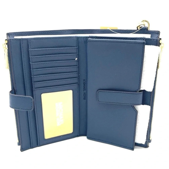 Michael Kors Large Double Zip Wallet Wristlet Navy Blue/Gold - Picture 5 of 7